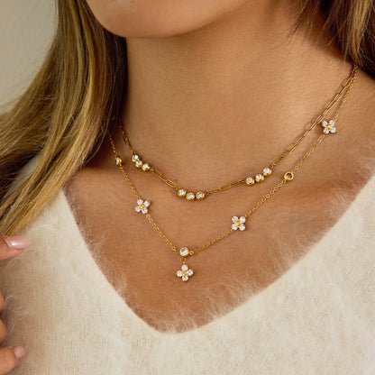 18K Gold Lucky Petal Four Leaf Clover Flower Dainty CZ Necklace