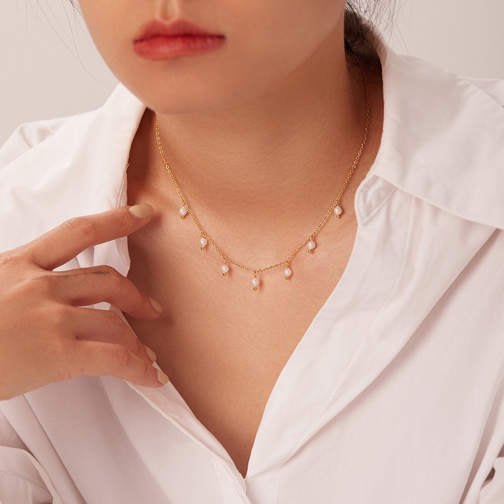 18K Gold Dainty Floating Pearl Chain Necklace