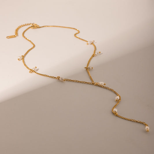 18K Gold Pearl Chain Lariat Necklace