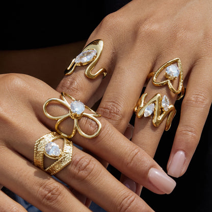 18K Gold Daily Glam Flower Heart CZ Statement Rings Set