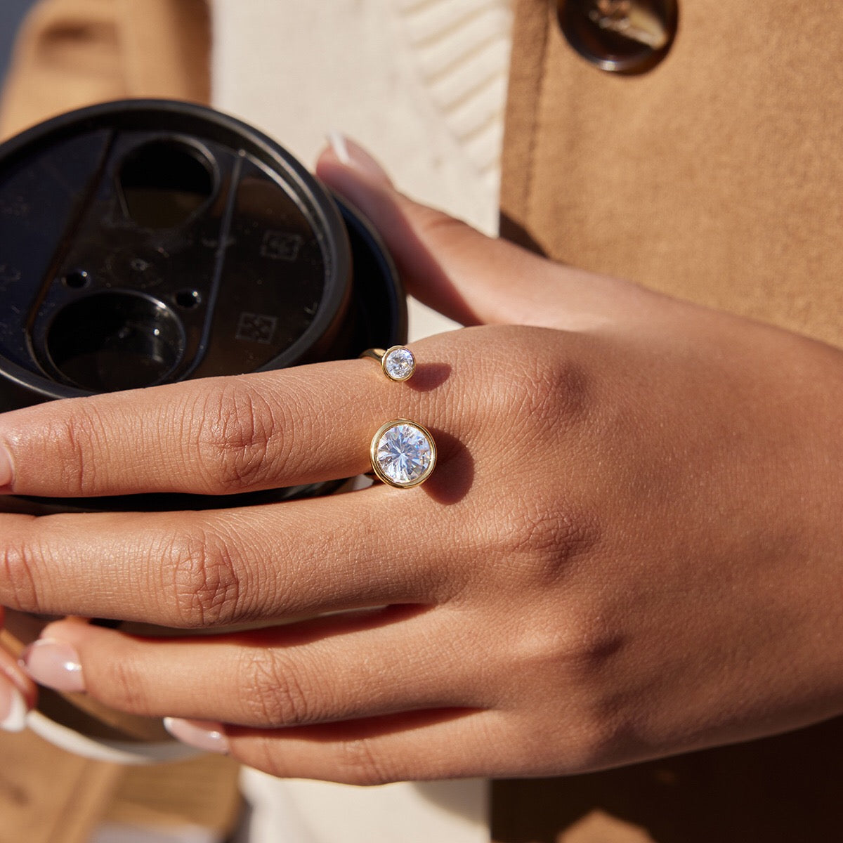 18K Gold Radiant Bezel Cocktail Statement Cuff Ring