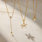 18K Gold Crystal Kiss Flower Pendant Lariat Layered Necklace Set