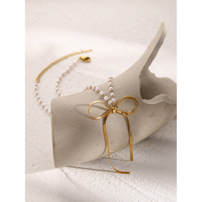 18K Gold Ribbon Bow Pearl Chain Pendant Necklace