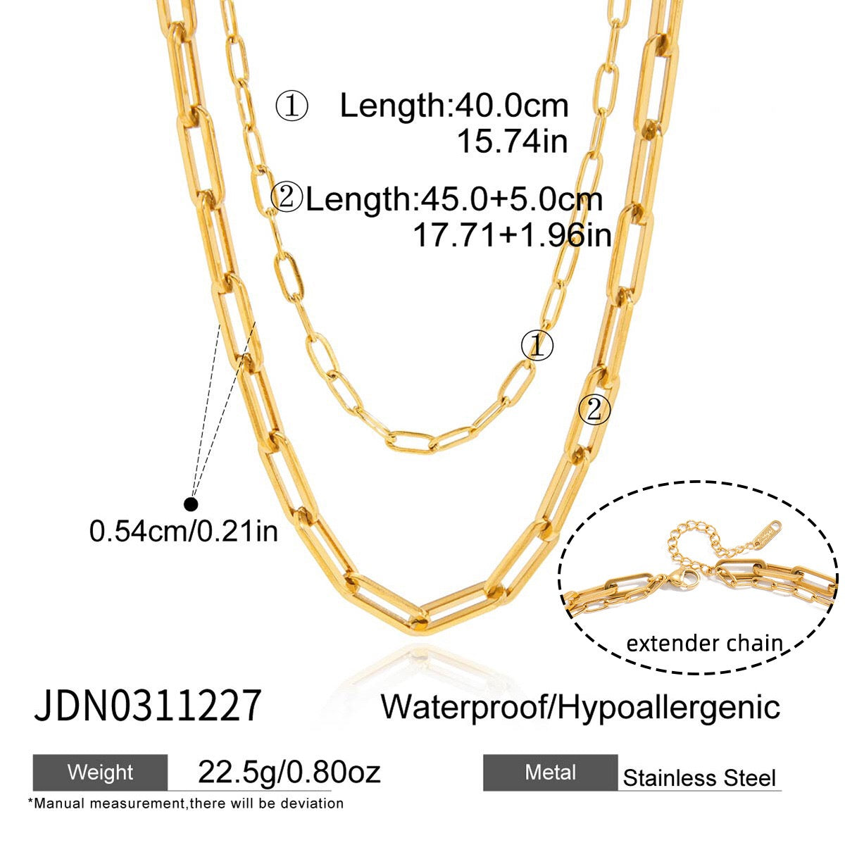 18K Gold Modern Edge Paper Clip Double Chain Layered Necklace Set