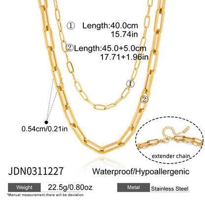 18K Gold Modern Edge Paper Clip Double Chain Layered Necklace Set