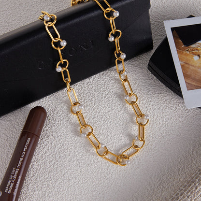 18K Gold Modern Loop Pearl Circle Chain Necklace