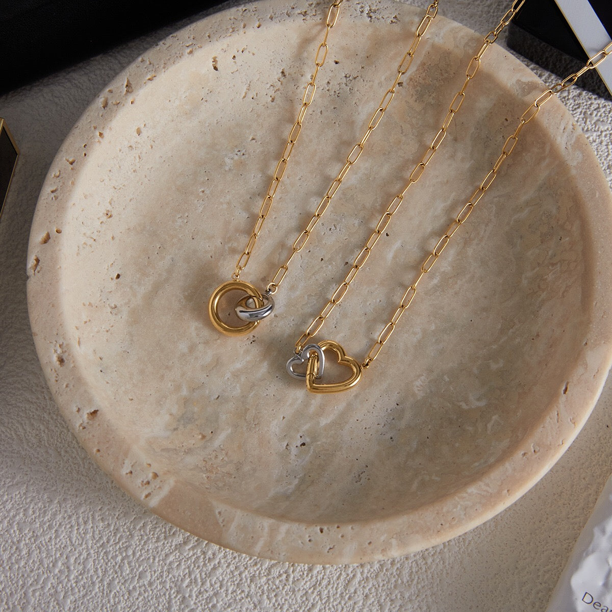 18K Gold and Silver Two Tone Linked Heart Charm Necklace