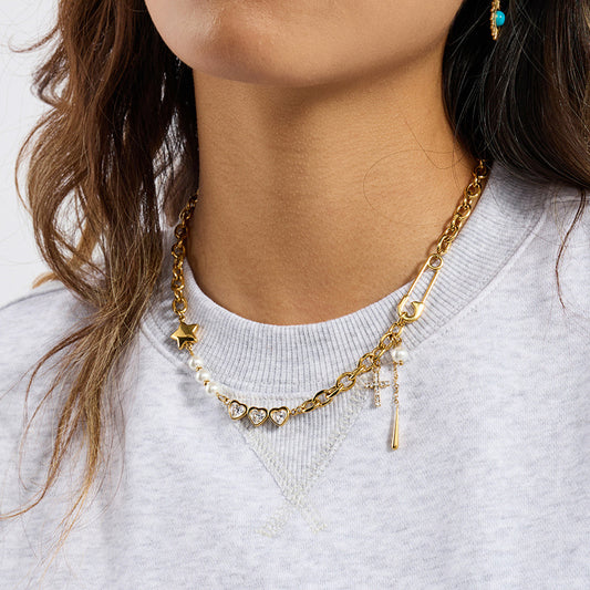 18K Gold Y2K Safty Pin Heart Pearl Cross Chain Necklace