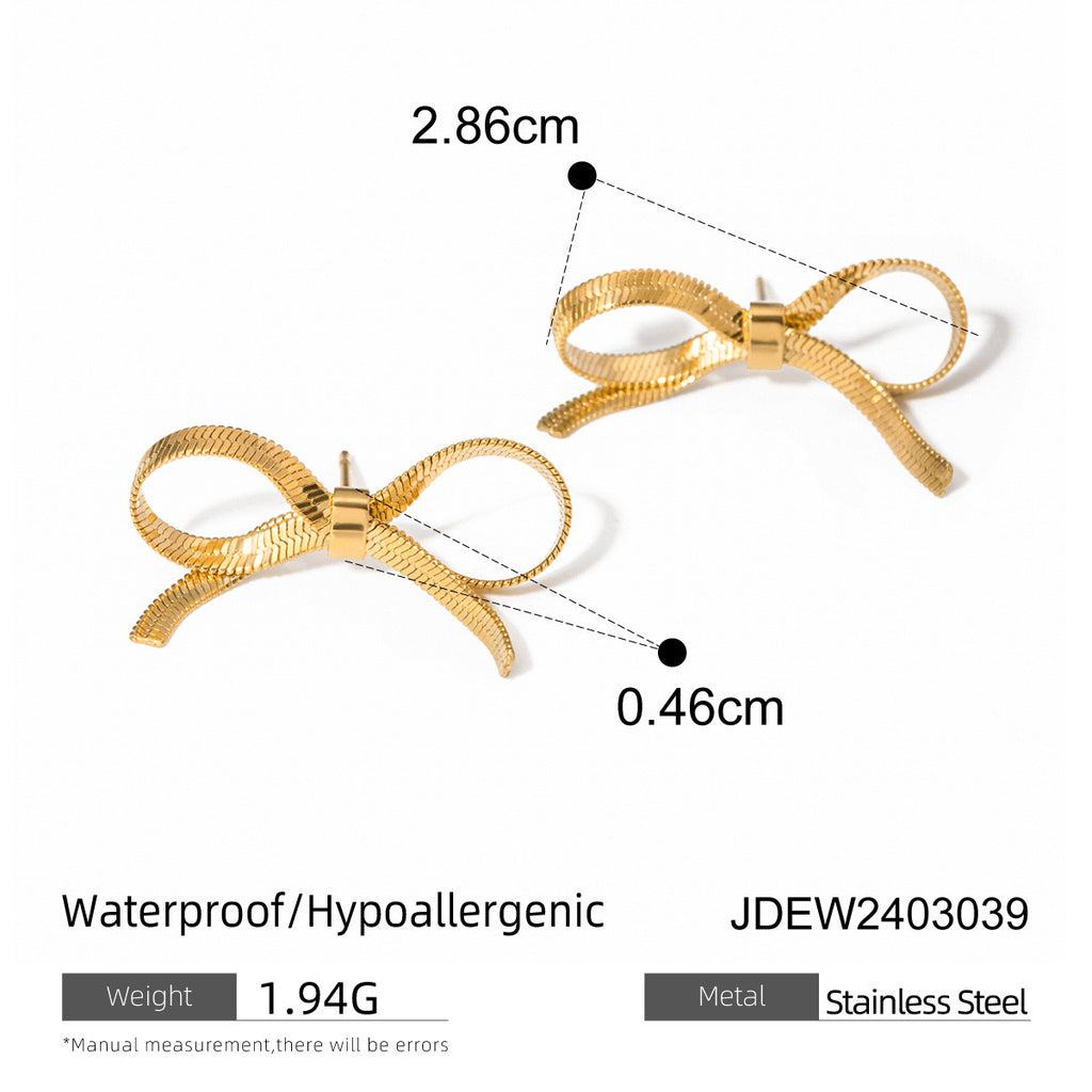 18K Gold Snake Chain Ribbon Bow Cute Stud Earrings