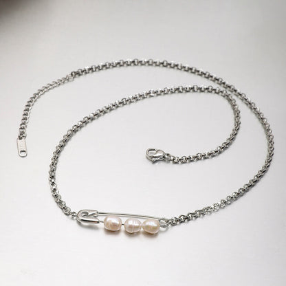 18K Gold and Silver Starry Bow Pendant Pearl Safety Pin Chain Layered Necklace Set