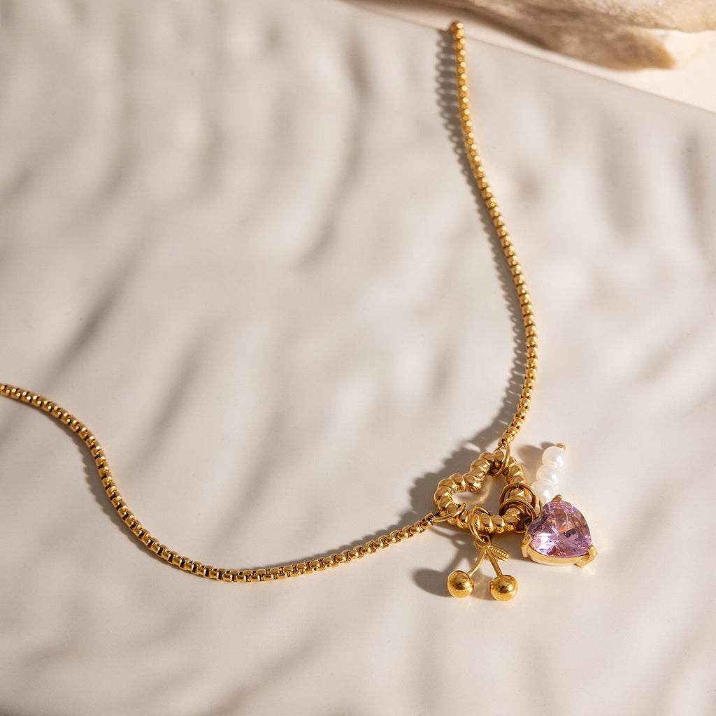 18K Gold Cherry Crush Pink Heart Charm Necklace
