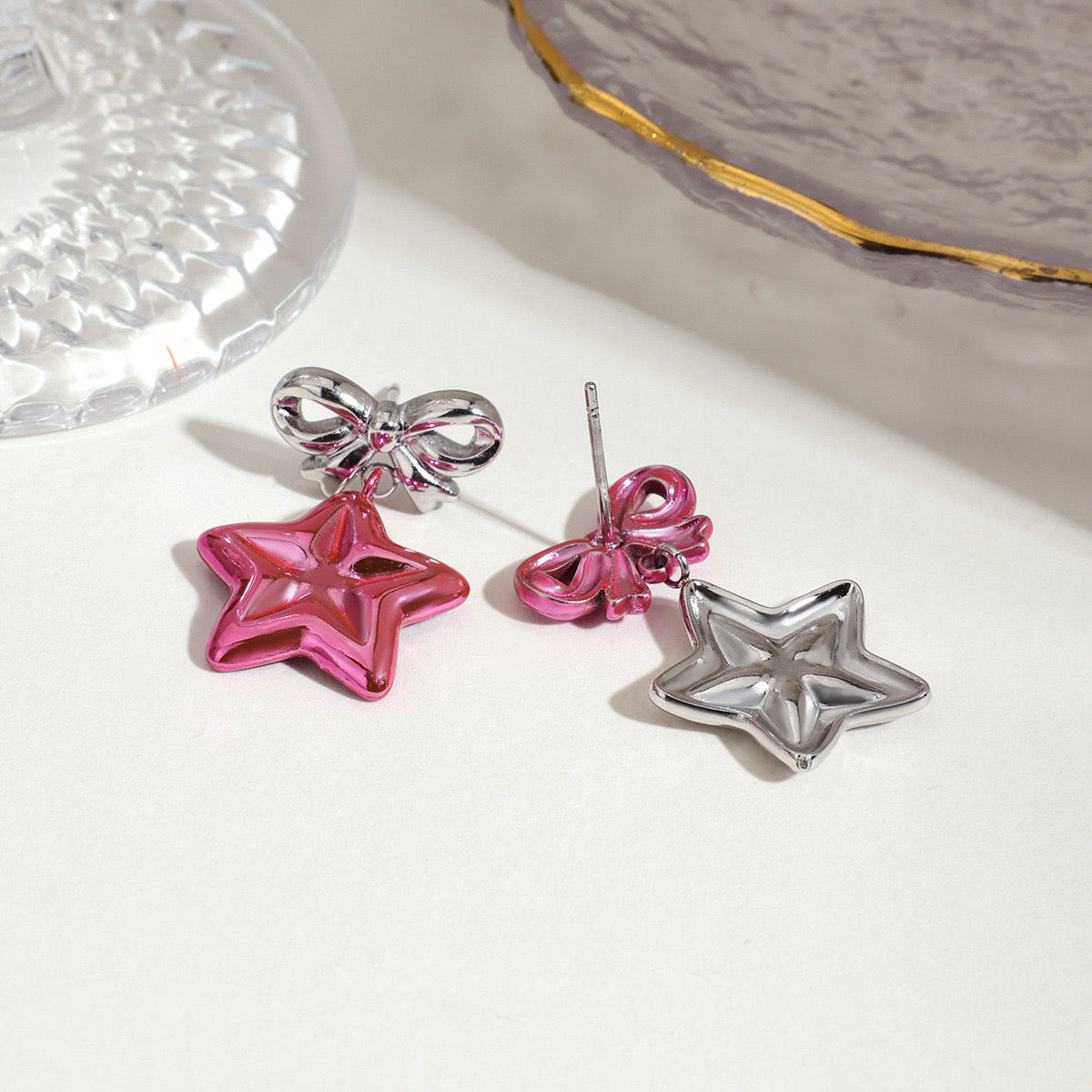Y2K Silver Bow and Pink Star Stud Dangle Earrings