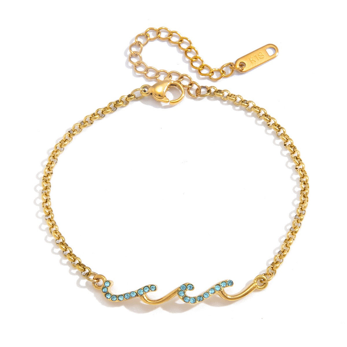 18K Gold Ocean Whisper Pave Blue Wave Dainty Chain Bracelet