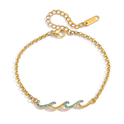 18K Gold Ocean Whisper Pave Blue Wave Dainty Chain Bracelet