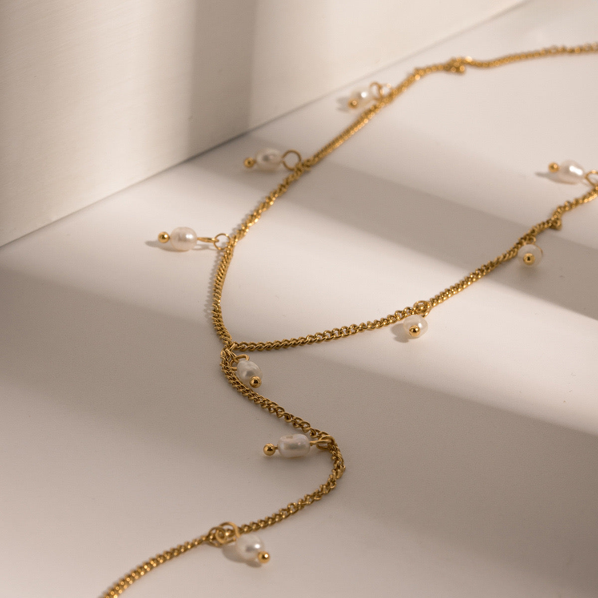 18K Gold Pearl Chain Lariat Necklace