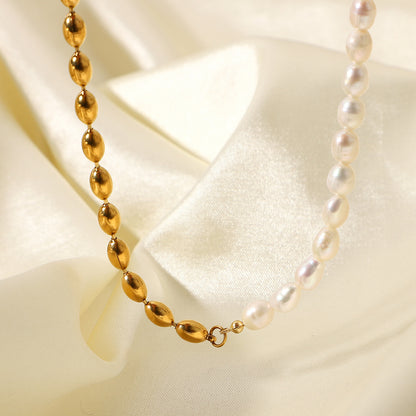 18K Gold Half Pearl Half Ball Chain Beaded Collar Necklace