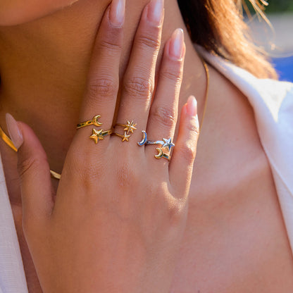 18K Gold Star and Moon Two Tone Silver Ring