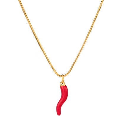 18K Gold Red Italian Horn Pendant Necklace
