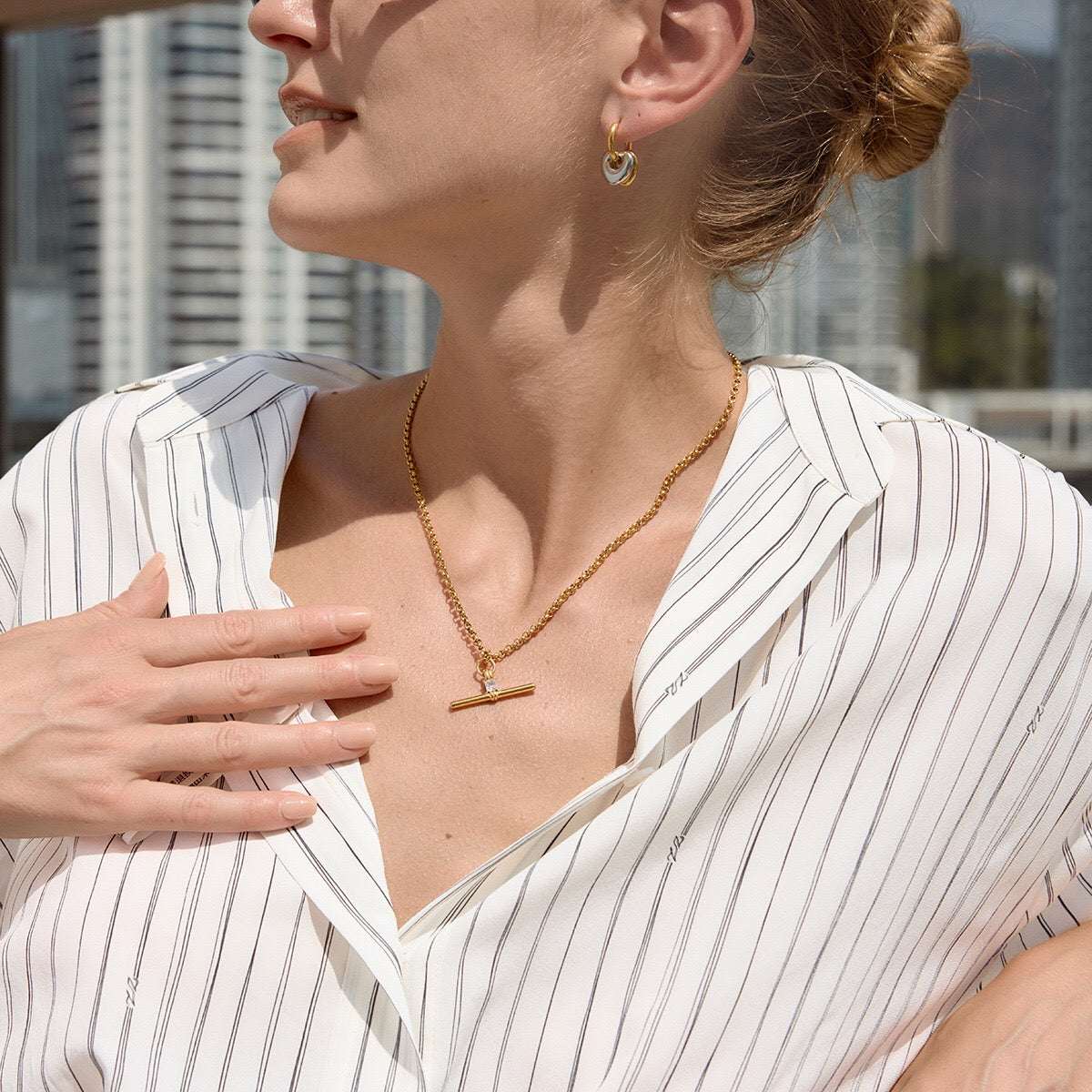 18K Gold and Silver Downtown T-Bar Statement Pendant Necklace