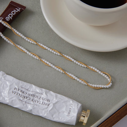 18K Gold Divine Pearl Herringbone Snake Chain Necklace Set