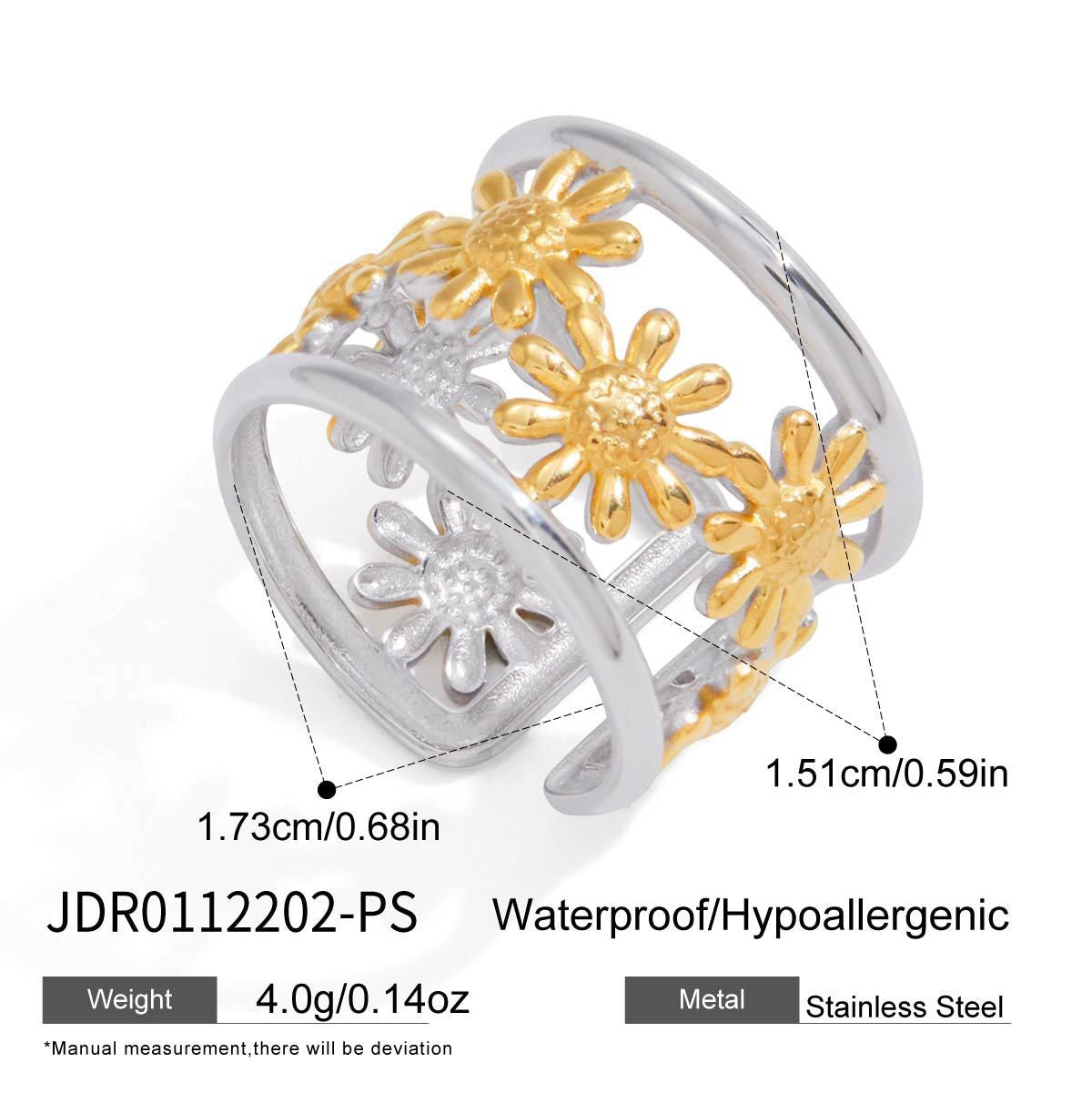 18K Gold and Silver Two Tone Wild Bloom Flower Statement Cuff Ring