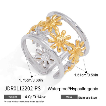 18K Gold and Silver Two Tone Wild Bloom Flower Statement Bangle Cuff Bracelet