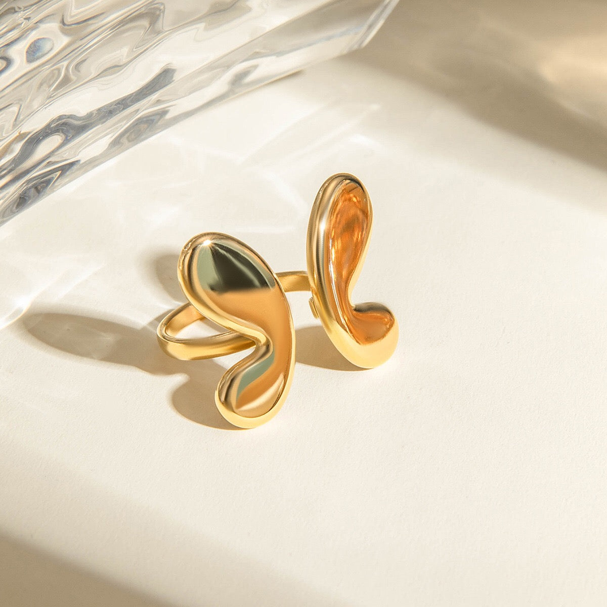 18K Gold Puffy Butterfly Wings Statement Cuff Ring