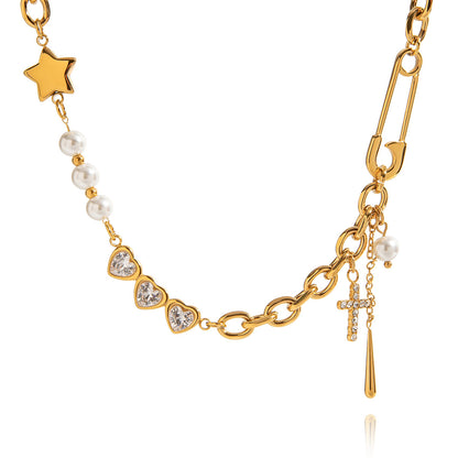 18K Gold Y2K Safty Pin Heart Pearl Cross Chain Necklace