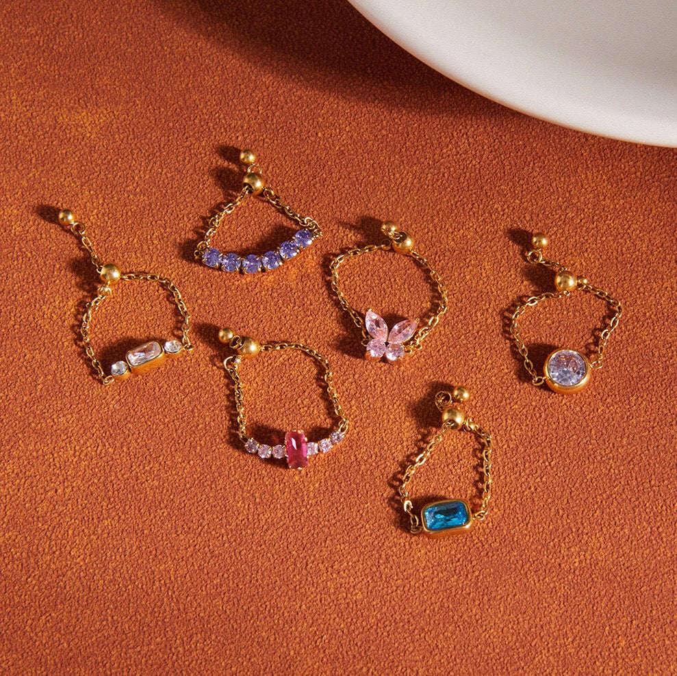 18K Gold Daydream Pink Butterfly Color Stones Adjustable Chain Ring