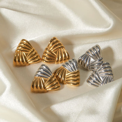 18K Gold Ribbed Triangle Statement Stud Earrings