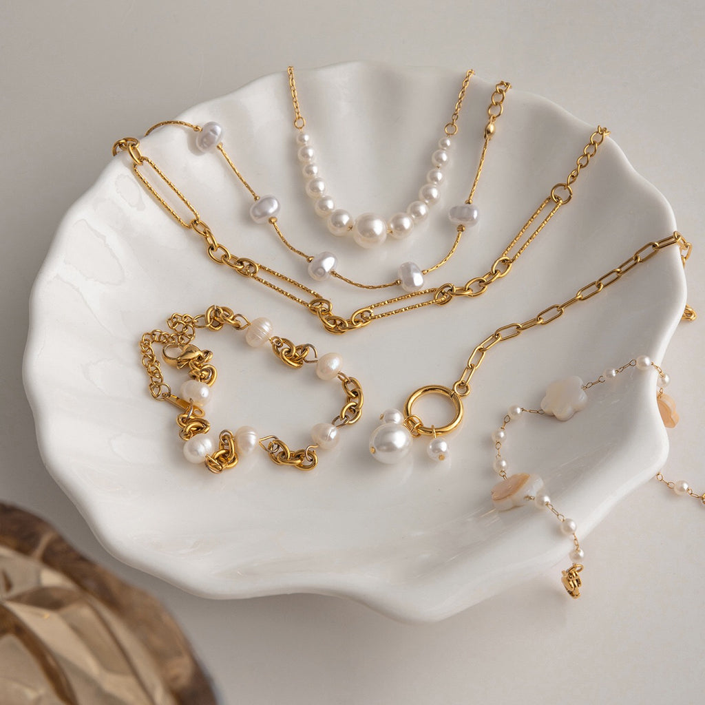 18K Gold Floating Pearls Chain Bracelet Stack