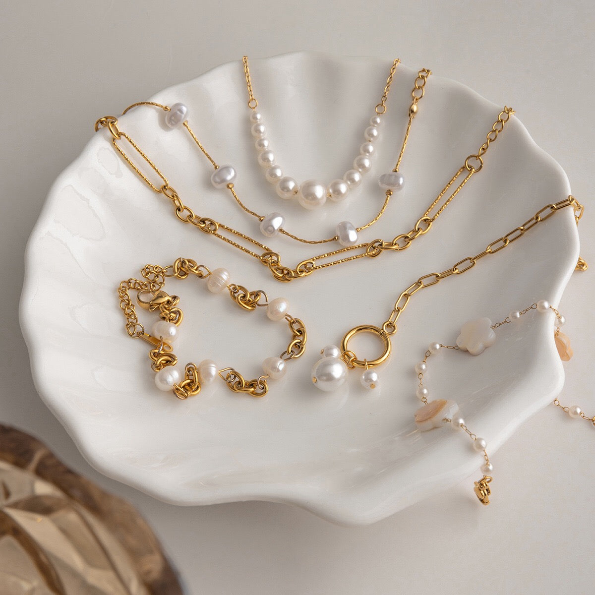 18K Gold Floating Pearls Chain Bracelet Stack