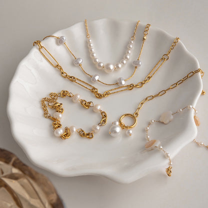 18K Gold Floating Pearls Chain Bracelet Stack