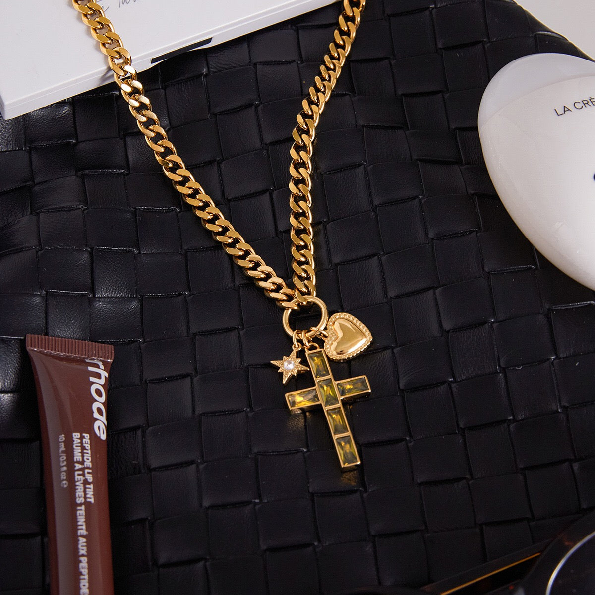 18K Gold Faith Divine Cross Heart Starburst Charm Cuban Link Chain Necklace