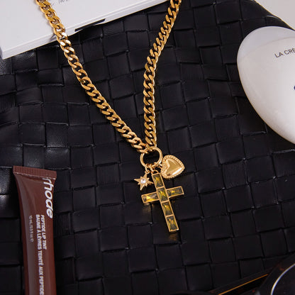 18K Gold Faith Divine Cross Heart Starburst Charm Cuban Link Chain Necklace
