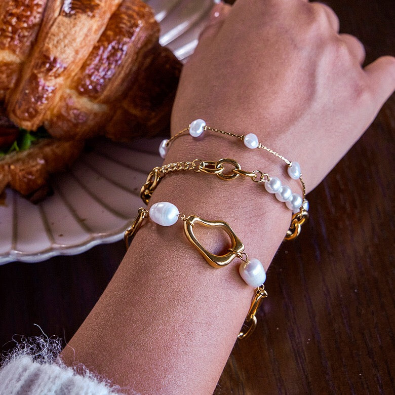 18K Gold Golden Form Pearl Paperclip Chain Bracelet Stack