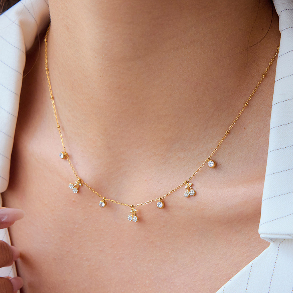 18K Gold Cherry Sprinkled Bling Dainty Necklace