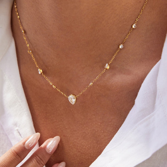 18K Gold Crystal Tear Teardrop Bezel Dainty CZ Necklace