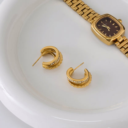 18K Gold Trio Orbit Pave Three Hoops Stud Huggie Earrings