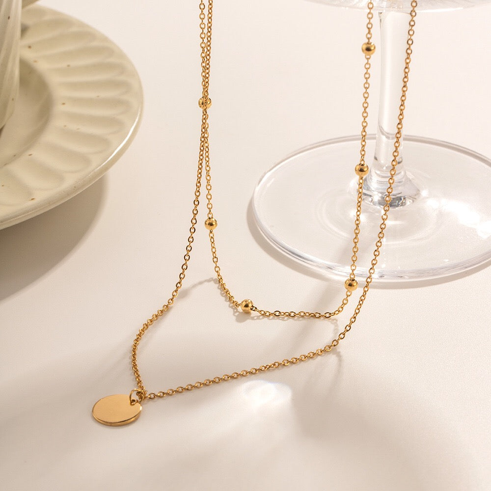 18K Gold Quiet Desire Disc Pendant Dainty Double Chain Layered Necklace