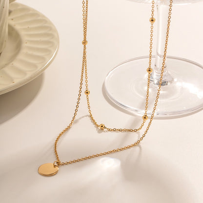 18K Gold Quiet Desire Disc Pendant Dainty Double Chain Layered Necklace