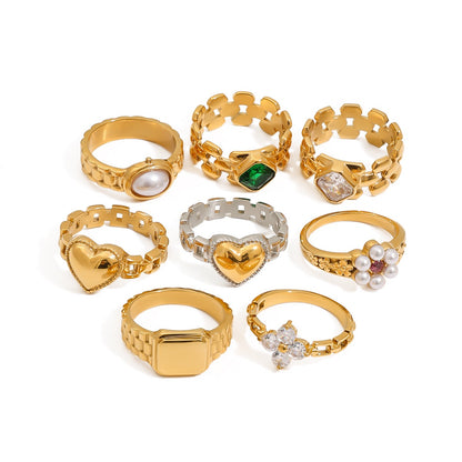 18K Gold Watch Band Flower Heart Statement CZ Stacking Ring