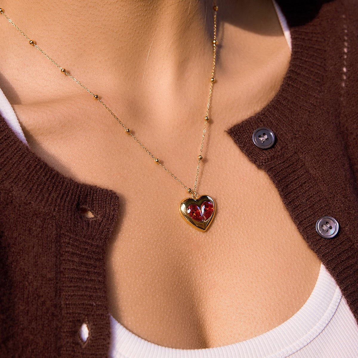 18K Gold Amour Red Heart Pendant Key Cross Charm Necklace