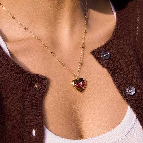 18K Gold Amour Red Heart Pendant Key Cross Charm Necklace