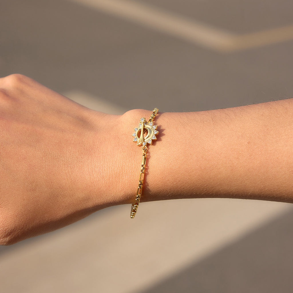 18K Gold Solstice Glow Sun Paperclip Chain Toggle Bracelet Jewelry Set