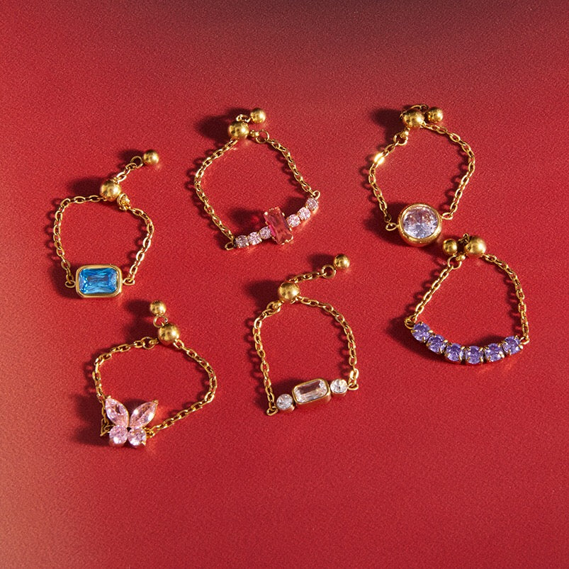 18K Gold Daydream Pink Butterfly Color Stones Adjustable Chain Ring