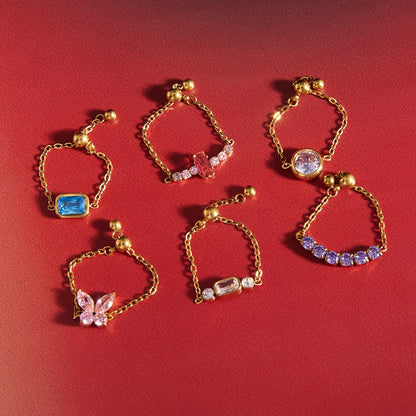 18K Gold Daydream Pink Butterfly Color Stones Adjustable Chain Ring