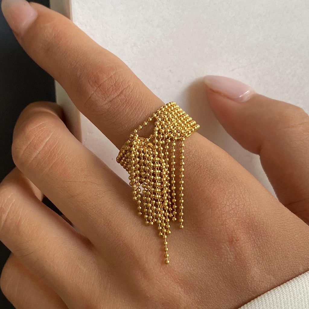 18K Gold Small Ball Chain Fringe Dangle Band Ring