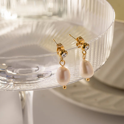 18K Gold Bling Pearl Stud Dangle Earrings