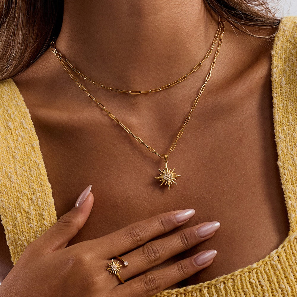 18K Gold Solar Pendant Paper Clip Double Chain Layered Necklace Set